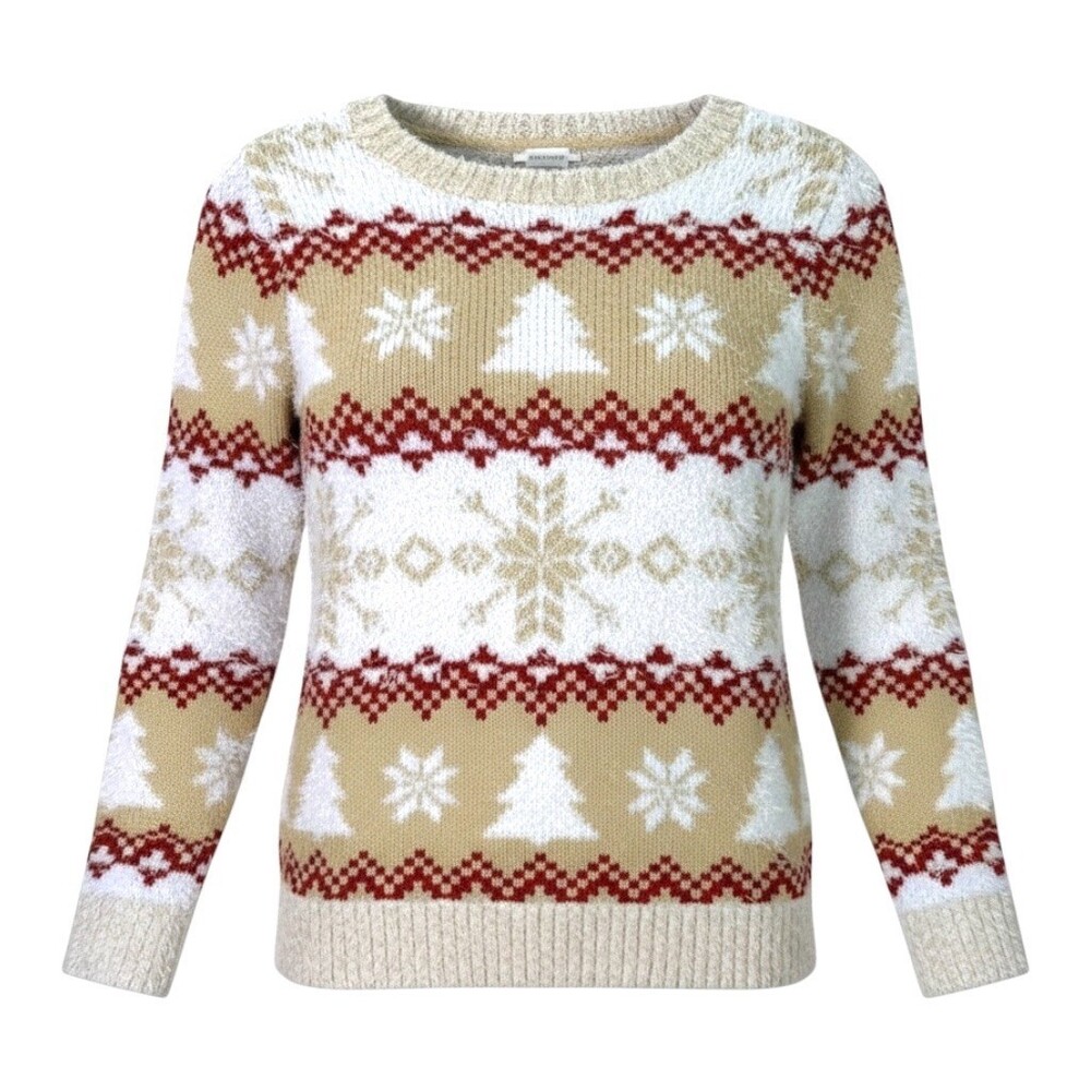 Holiday Girls Ugly Christmas Sweater Size M 7-8 Tan Red White Trees Snowflakes